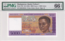 Madagascar, 5.000 Francs=1.000 Ariary, 1995, UNC, p78b
PMG 66 EPQ
Estimate: USD 50-100