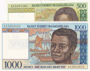 Madagascar, 500-1.000 Ariary, 1994, UNC, p75a; p76a, (Total 2 banknotes)
Estimate: USD 20-40