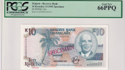 Malawi, 10 Kwacha, 1992, UNC, p25s, SPECIMEN
PCGS 66 PPQ
Estimate: USD 175-350