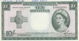 Malta, 10 Shillings, 1954, UNC, p23as, CANCALLED
Queen Elizabeth II. Potrait, It has ballpoint pen writing and light staining.
Estimate: USD 750-150...