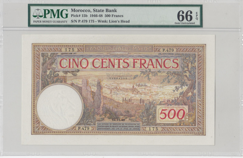 Morocco, 500 Francs, 1946/1948, UNC, p15b
PMG 66 EPQ
Estimate: USD 750-1500