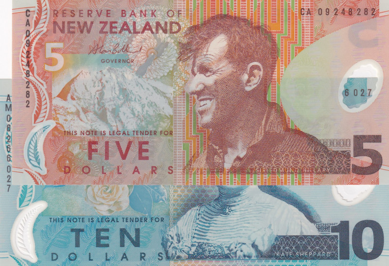 New Zealand, 5-10 Dollars, 2006/2009, UNC, p185; p186, (Total 2 banknotes)
Poly...