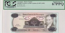 Nicaragua, 100.000 Cordobas on 500 Cordobas, 1987, UNC, p149
PCGS 67 PPQ, High Condition
Estimate: USD 25-50