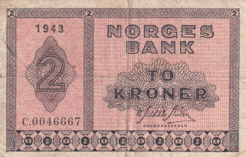 Norway, 2 Kroner, 1943, VF(+), p16a
There are stains and tears, There are openi...