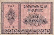 Norway, 2 Kroner, 1943, VF(+), p16a
There are stains and tears, There are openings.
Estimate: USD 20-40