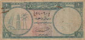 Qatar & Dubai, 1 Riyal, 1960, VF(-), p1a
Has a ballpoint pen and smudge, There are openings.
Estimate: USD 50-100