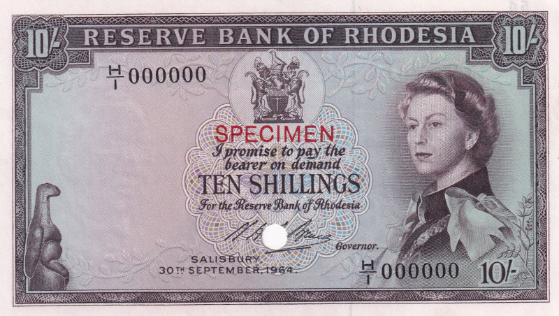 Rhodesia, 10 Shillings, 1964, UNC, p24cts, SPECIMEN
Queen Elizabeth II. Potrait...