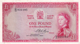 Rhodesia, 1 Pound, 1964, VF(+), p25e
Queen Elizabeth II. Potrait, Slightly stained
Estimate: USD 150-300