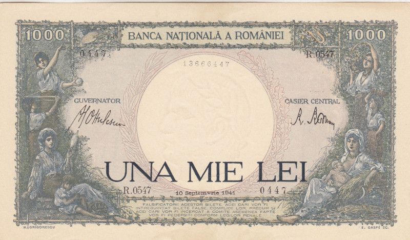 Romania, 1.000 Lei, 1941, AUNC(+), p52a
There are light stains and dents
Estim...