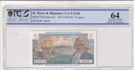 Saint Pierre & Miquelon, 5 Francs, 1950/1960, UNC, p22
PCGS 64
Estimate: USD 50-100