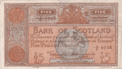 Scotland, 5 Pounds, 1946, VF, p97b
There are pinholes and openings
Estimate: USD 80-160
