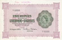 Seychelles, 5 Rupees, 1954, AUNC(+), p11s, SPECIMEN
Queen Elizabeth II. Potrait
Estimate: USD 1500-3000