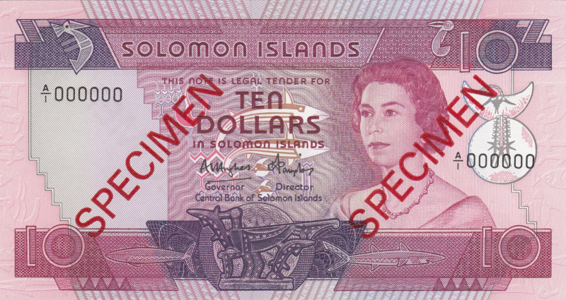 Solomon Islands, 10 Dollars, 1984, UNC, p11s, SPECIMEN
Queen Elizabeth II. Potr...