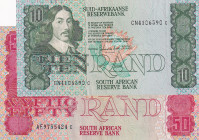 South Africa, 10-50 Rand, 1978/1993, p120; p122, (Total 2 banknotes)
10 Rand, XF(-); 50 Rand, VF(+)
Estimate: USD 15-30