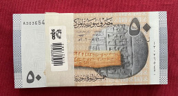 Syria, 50 Pounds, 2009, UNC, p112, BUNDLE
(Total 100 consecutive banknotes)
Estimate: USD 25-50