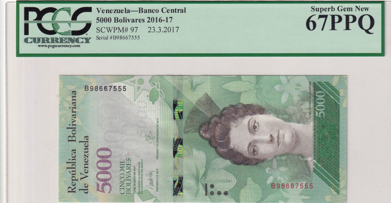 Venezuela, 5.000 Bolívares, 2017, UNC, p97
PCGS 67 PPQ, High Condition
Estimat...