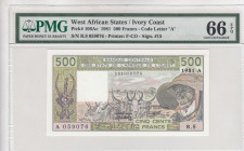 West African States, 500 Francs, 1981, UNC, p106Ac
PMG 66 EPQ, "A" for Cote d' Ivoire
Estimate: USD 40-80