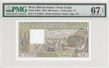 West African States, 500 Francs, 1983, UNC, p106Af
PMG 67 EPQ, High condition , "A" for Cote d' Ivoire
Estimate: USD 50-100
