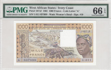 West African States, 1.000 Francs, 1985, UNC, p107Af
PMG 66 EPQ, "A" for Cote d' Ivoire
Estimate: USD 60-120