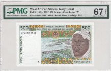 West African States, 500 Francs, 1997, UNC, p110Ag
PMG 67 EPQ, High condition , "A" for Cote d' Ivoire
Estimate: USD 40-80
