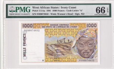 West African States, 1.000 Francs, 1991, UNC, p111Aa
PMG 66 EPQ, "A'' Ivory Coast
Estimate: USD 50-100