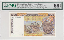 West African States, 1.000 Francs, 1992, UNC, p111Ab
PMG 66 EPQ, "A" for Cote d' Ivoire
Estimate: USD 40-80