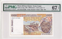 West African States, 1.000 Francs, 1997, UNC, p11Ag
PMG 67 EPQ, High condition , "A'' Ivory Coast
Estimate: USD 50-100