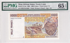 West African States, 10.000 Francs-2.000 Ariary, 2002, UNC, p111Ak
PMG 65 EPQ, "A'' Ivory Coast
Estimate: USD 50-100