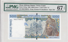 West African States, 5.000 Francs, 1998, UNC, p113Ag
PMG 67 EPQ, High condition , "A" for Cote d' Ivoire
Estimate: USD 60-80