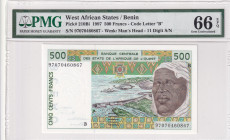West African States, 500 Francs, 1997, UNC, p210Bi
PMG 66 EPQ, "B" for Benin (Dahomey)
Estimate: USD 50-100