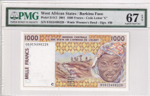 West African States, 1.000 Francs, 2001, UNC, p311C1
PMG 67 EPQ, High condition , "C'' Burkina Faso
Estimate: USD 50-100