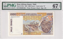 West African States, 1.000 Francs, 1993, UNC, p411Dc
PMG 67 EPQ, High condition 
Estimate: USD 50-100