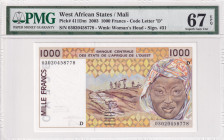 West African States, 1.000 Francs, 2003, UNC, p411Dm
PMG 67 EPQ, High condition , 'D'' Mali
Estimate: USD 30-60