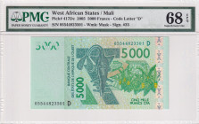 West African States, 5.000 Francs, 2005, UNC, p417Dc
PMG 68 EPQ, High Condition , "D" Mali
Estimate: USD 75-150