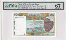 West African States, 500 Francs, 1996, UNC, p810Tf
PMG 67 EPQ, High condition , "T" Togo
Estimate: USD 50-100