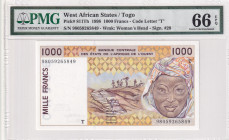 West African States, 1.000 Francs, 1998, UNC, p811Th
PMG 66 EPQ, "T" Togo
Estimate: USD 50-100