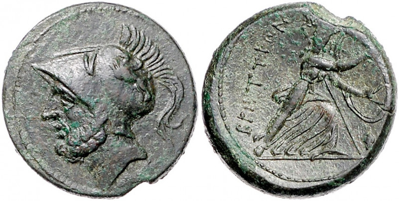 ITALIEN, BRUTTIUM / Brettische Liga, AE 25 (215-205 v.Chr.). Kopf des Ares mit k...