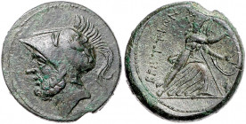 ITALIEN, BRUTTIUM / Brettische Liga, AE 25 (215-205 v.Chr.). Kopf des Ares mit korinthischem Helm l. Rs.Hera Hoplosmia r. schreitend, i.F.r. Weintraub...