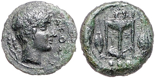 ITALIEN, SIZILIEN / Stadt Leontinoi, AE Trias (430-422 v.Chr.). Apollokopf r., d...