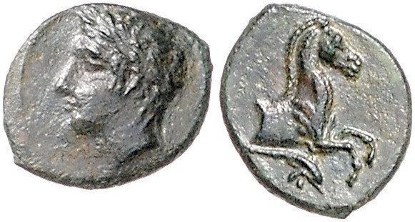 ITALIEN, SIZILIEN / Stadt Solus, AE 14 (406-397 v.Chr.). Apollokopf l. Rs.Pferde...