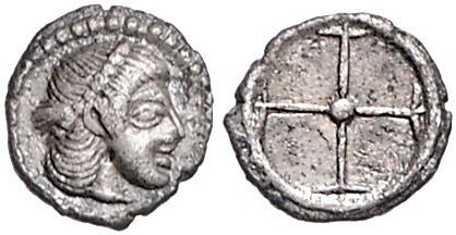 ITALIEN, SIZILIEN / Stadt Syrakus, AR Obol (Gelon, 485-478 v.Chr.). Kopf der Art...