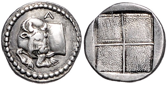 GRIECHENLAND, MAKEDONIEN / Stadt Akanthos, AR Tetrobol (424-380 v.Chr.). Stierpr...