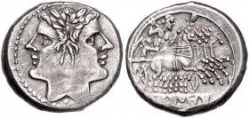 RÖMISCHE REPUBLIK, Anonyme Ausgaben, 225-216 v.Chr., AR Didrachme. Janusförmiger Doppelkopf der Dioskuren mit Lorbeerkranz. Rs.Jupiter mit Doppelblitz...