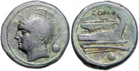 RÖMISCHE REPUBLIK, Anonyme Ausgaben, 217-215 v.Chr., AE Uncia, Rom. Romakopf l., dahinter 1 Kugel. Rs.Prora r., darüber ROMA, unten 1 Kugel. 13,19g.
...