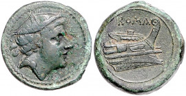RÖMISCHE REPUBLIK, Anonyme Ausgaben, 217-215 v.Chr., AE Semuncia. Merkurkopf r. Rs.Prora r., ROMA. 6,30g.
ss/vz
Alb.109; Cr.38/7