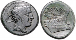RÖMISCHE REPUBLIK, Anonyme Ausgaben, 217-215 v.Chr., AE Semuncia. Merkurkopf r. Rs.Prora r. 6,37g.
ss
Alb.109; Craw.38/7
