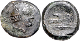 RÖMISCHE REPUBLIK, Anonyme Ausgaben, 217-215 v.Chr., AE Semuncia. Merkurkopf r. Rs.Prora r., ROMA. 8,74g.
s-ss
Alb.109; Craw.38/7
