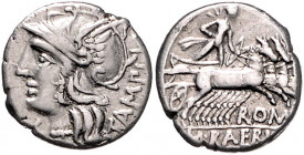 RÖMISCHE REPUBLIK, M. Baebius Q.f.Tampilus, 137 v.Chr., AR Denar. Behelmter Romakopf l., davor X. Rs.Apollo in Quadriga. 3,89g.
ss
Alb.902; Seaby Ba...