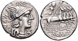 RÖMISCHE REPUBLIK, L. Antestius Gragulus, 136 v.Chr., AR Denar. Behelmte Romabüste, davor *. Rs.Jupiter in Quadriga. 3,95g.
ss
Alb.904; Seab.Antesti...