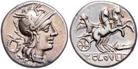 RÖMISCHE REPUBLIK, T. Cloelius, 128 v.Chr., AR Denar. Behelmter Romakopf r., dahinter Kranz, ROMA. Rs.Victoria in Biga r., davor Ähre, T.CLOVLI. 3,81g...